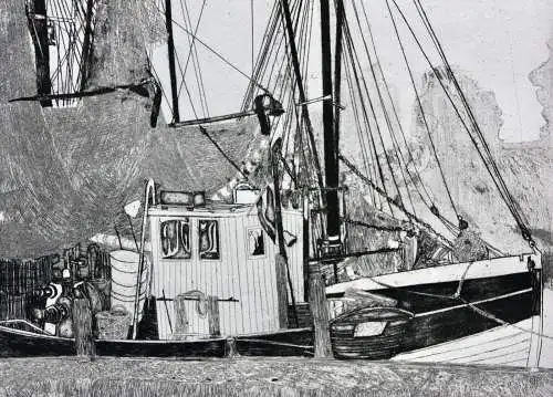 Herbert Grunwaldt (1928-2014) signierte Radierung, "Schiffe im Hafen", 1968