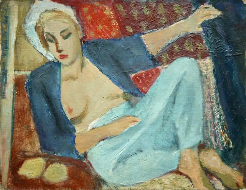 Odaliske in hellblauer Haremshose, Haremsdame, Ölstudie auf Karton, 1900-1924 0