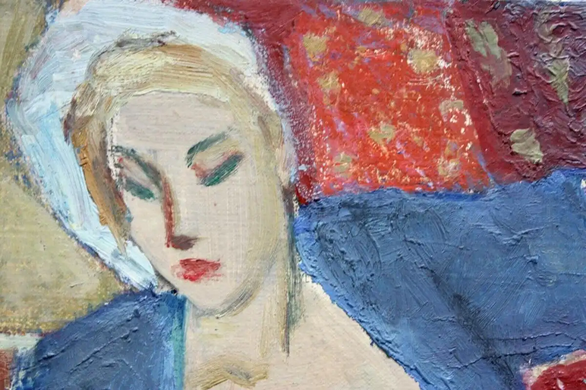 Odaliske in hellblauer Haremshose, Haremsdame, Ölstudie auf Karton, 1900-1924 2