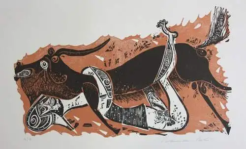 Karl-Heinz Hansen Bahia (1915-1978) sign. Farbholzschnitt, Mythologische Szene