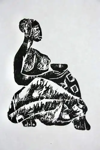 Karl-Heinz Hansen Bahia (1915-1978), Holzschnitt, sitzende Frau mit Schale