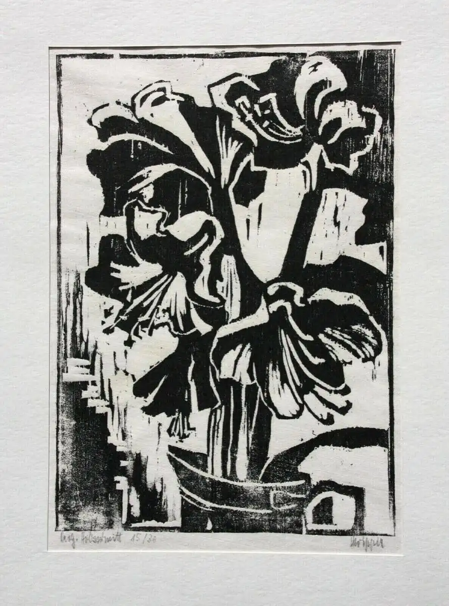 Heinz Wipper (1914-2007), Holzschnitt, expressionistisches Stillleben, Amaryllis 0