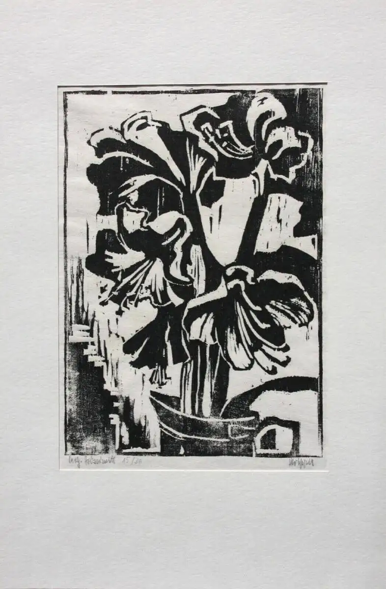 Heinz Wipper (1914-2007), Holzschnitt, expressionistisches Stillleben, Amaryllis 1