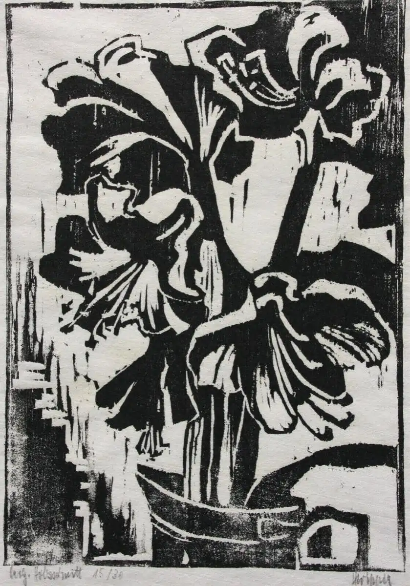 Heinz Wipper (1914-2007), Holzschnitt, expressionistisches Stillleben, Amaryllis 2