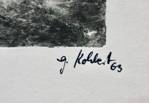 G. Kohlert, signierte Radierung, Rinder, zwei Stiere auf einer Weide, 1963