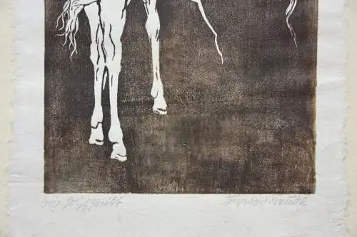 Ingeborg Fraudt, sign. Holzschnitt auf Japanpapier, Pferde, Stute mit Fohlen