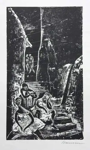 Karl-Heinz Hansen Bahia (1915-1978), sign. Holzschnitt, "Mädchen auf der Treppe"