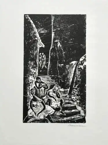Karl-Heinz Hansen Bahia (1915-1978), sign. Holzschnitt, "Mädchen auf der Treppe"
