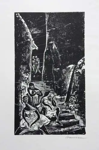 Karl-Heinz Hansen Bahia (1915-1978), sign. Holzschnitt, "Mädchen auf der Treppe"