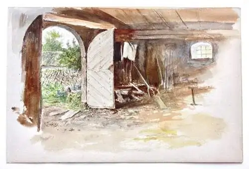 Scheune mit Blick in einen Garten, Aquarell, Münchner Schule, Realismus, um 1870