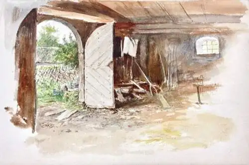 Scheune mit Blick in einen Garten, Aquarell, Münchner Schule, Realismus, um 1870