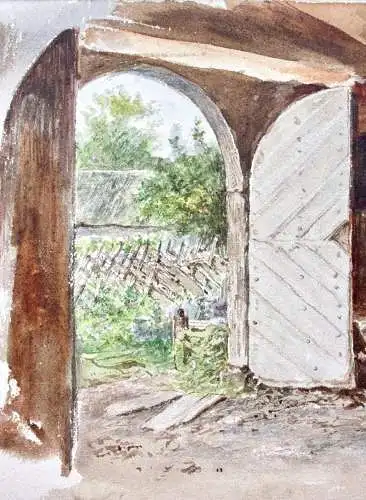 Scheune mit Blick in einen Garten, Aquarell, Münchner Schule, Realismus, um 1870