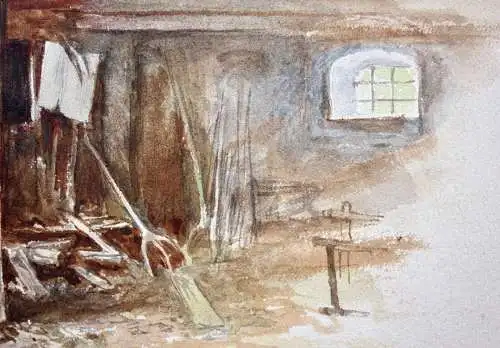 Scheune mit Blick in einen Garten, Aquarell, Münchner Schule, Realismus, um 1870