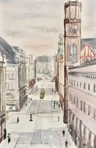 Großstädtische Straßenszene mit Trambahn, Aquarell, signiert "Water-Mauch", 1936