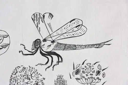 Otto Rohse (1925-2016), signierter Holzstich, Fliege, Insekt mit Blüten, um 1960