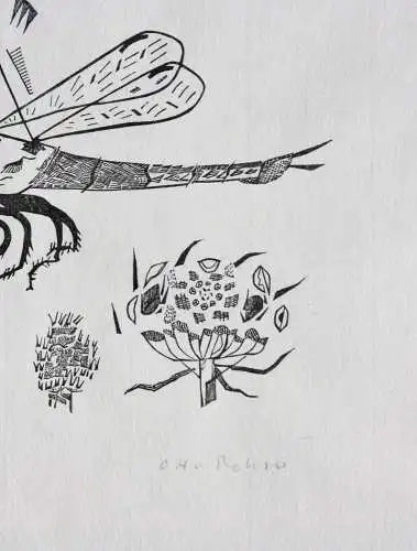 Otto Rohse (1925-2016), signierter Holzstich, Fliege, Insekt mit Blüten, um 1960