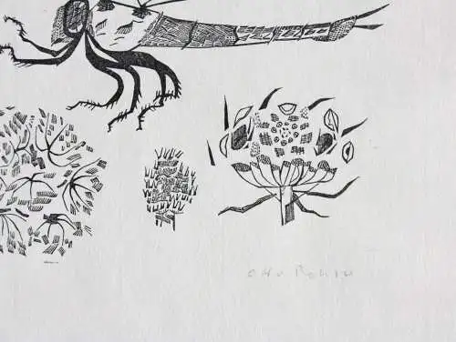 Otto Rohse (1925-2016), signierter Holzstich, Fliege, Insekt mit Blüten, um 1960