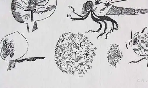 Otto Rohse (1925-2016), signierter Holzstich, Fliege, Insekt mit Blüten, um 1960