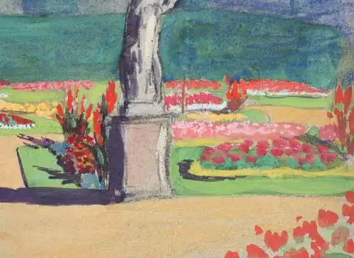 Sommerliche Parklandschaft mit Skulpturen und Vasen, Jugendstil Aquarell um 1900