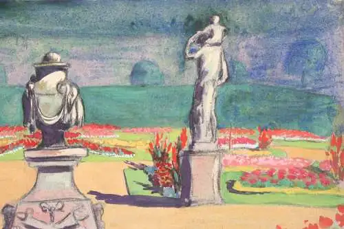 Sommerliche Parklandschaft mit Skulpturen und Vasen, Jugendstil Aquarell um 1900