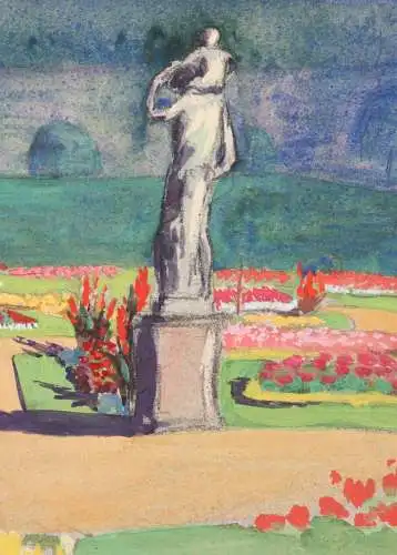 Sommerliche Parklandschaft mit Skulpturen und Vasen, Jugendstil Aquarell um 1900