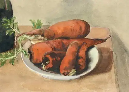 Stillleben mit Rotweinflasche & gelben Rüben, Möhren, Aquarell, Gouache, 20. Jh.