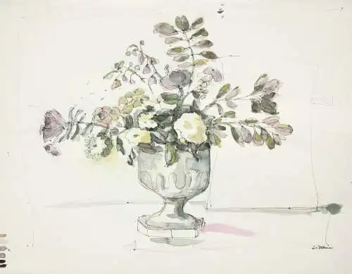 J. v. Hollenn, signiertes Aquarell, Blumenstillleben in einer pokalartigen Vase