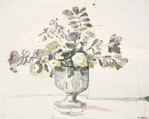 J. v. Hollenn, signiertes Aquarell, Blumenstillleben in einer pokalartigen Vase