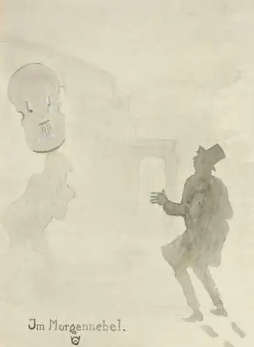 Werner Oberdörffer, monogrammiertes Aquarell, "Im Morgennebel", Musiker, um 1900