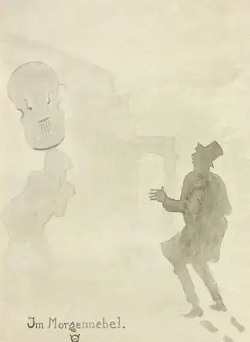 Werner Oberdörffer, monogrammiertes Aquarell, "Im Morgennebel", Musiker, um 1900
