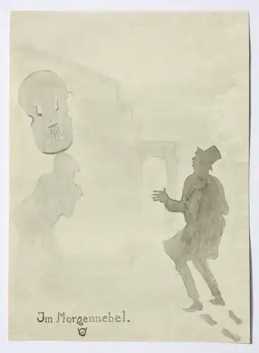 Werner Oberdörffer, monogrammiertes Aquarell, "Im Morgennebel", Musiker, um 1900