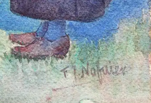 F. J. Naffaier, signiertes Aquarell, Ziegenhirtin mit Strickzeug, Jugendstil