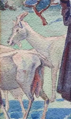 F. J. Naffaier, signiertes Aquarell, Ziegenhirtin mit Strickzeug, Jugendstil