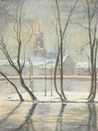 Heinrich R. Claar, signierte Gouache, Mainufer mit Kaiserdom, Frankfurt am Main