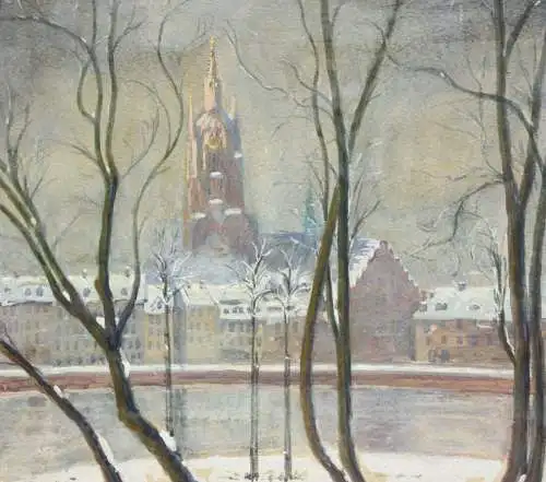 Heinrich R. Claar, signierte Gouache, Mainufer mit Kaiserdom, Frankfurt am Main