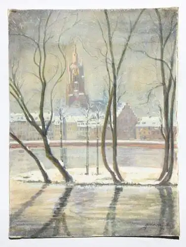 Heinrich R. Claar, signierte Gouache, Mainufer mit Kaiserdom, Frankfurt am Main