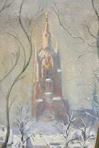 Heinrich R. Claar, signierte Gouache, Mainufer mit Kaiserdom, Frankfurt am Main