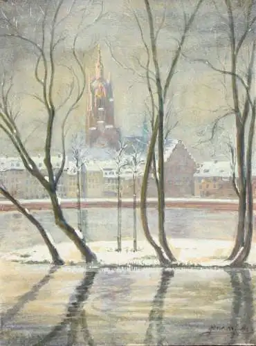 Heinrich R. Claar, signierte Gouache, Mainufer mit Kaiserdom, Frankfurt am Main