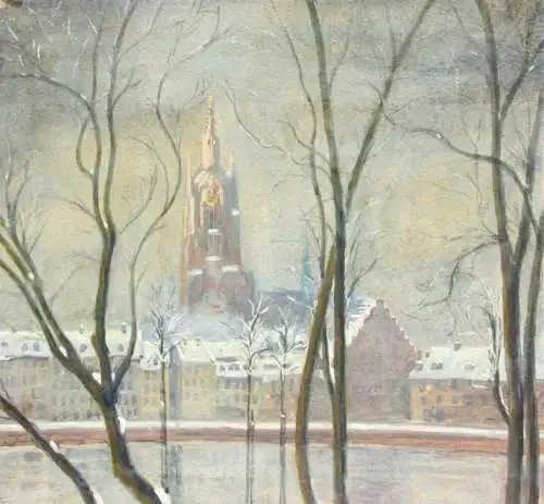 Heinrich R. Claar, signierte Gouache, Mainufer mit Kaiserdom, Frankfurt am Main