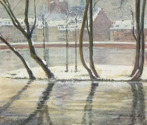 Heinrich R. Claar, signierte Gouache, Mainufer mit Kaiserdom, Frankfurt am Main