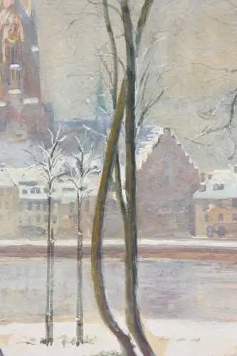 Heinrich R. Claar, signierte Gouache, Mainufer mit Kaiserdom, Frankfurt am Main