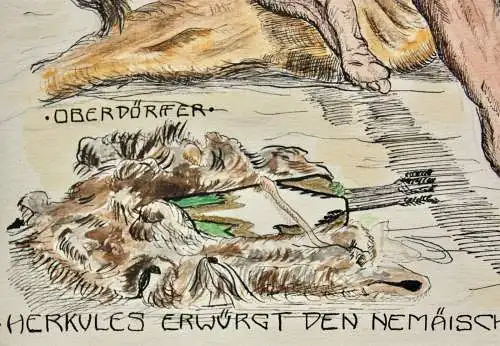 W. Oberdörffer, sign. Aquarell, "Herkules erwürgt den Nemäischen Löwen", um 1900