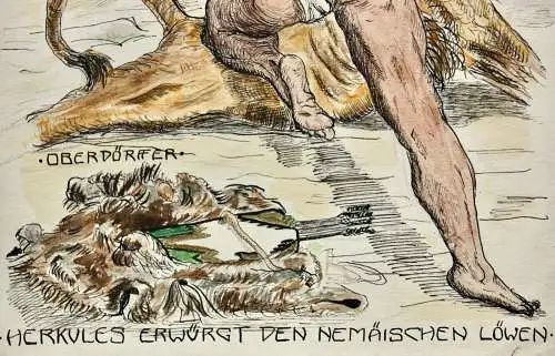 W. Oberdörffer, sign. Aquarell, "Herkules erwürgt den Nemäischen Löwen", um 1900