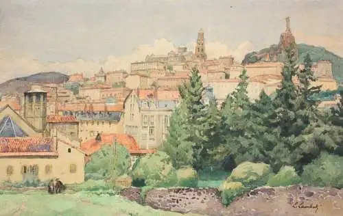 Léon Eugène Lambert (1865-1936) signiertes Aquarell Stadtansicht Le Puy-en-Velay