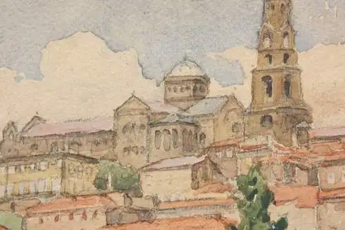 Léon Eugène Lambert (1865-1936) signiertes Aquarell Stadtansicht Le Puy-en-Velay
