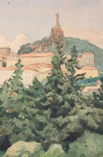Léon Eugène Lambert (1865-1936) signiertes Aquarell Stadtansicht Le Puy-en-Velay
