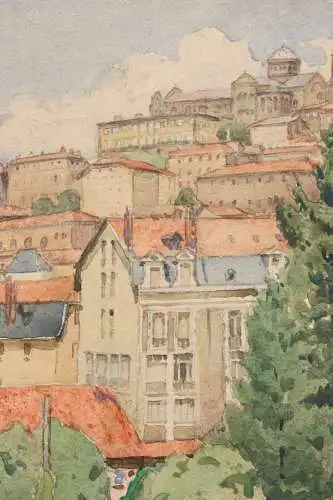 Léon Eugène Lambert (1865-1936) signiertes Aquarell Stadtansicht Le Puy-en-Velay