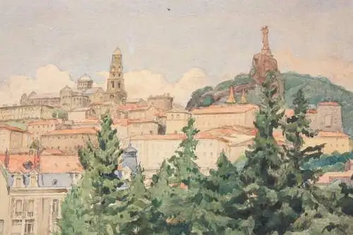 Léon Eugène Lambert (1865-1936) signiertes Aquarell Stadtansicht Le Puy-en-Velay