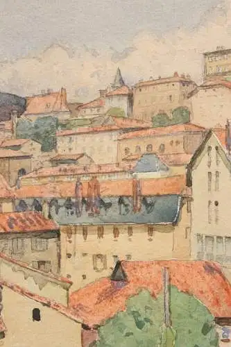 Léon Eugène Lambert (1865-1936) signiertes Aquarell Stadtansicht Le Puy-en-Velay