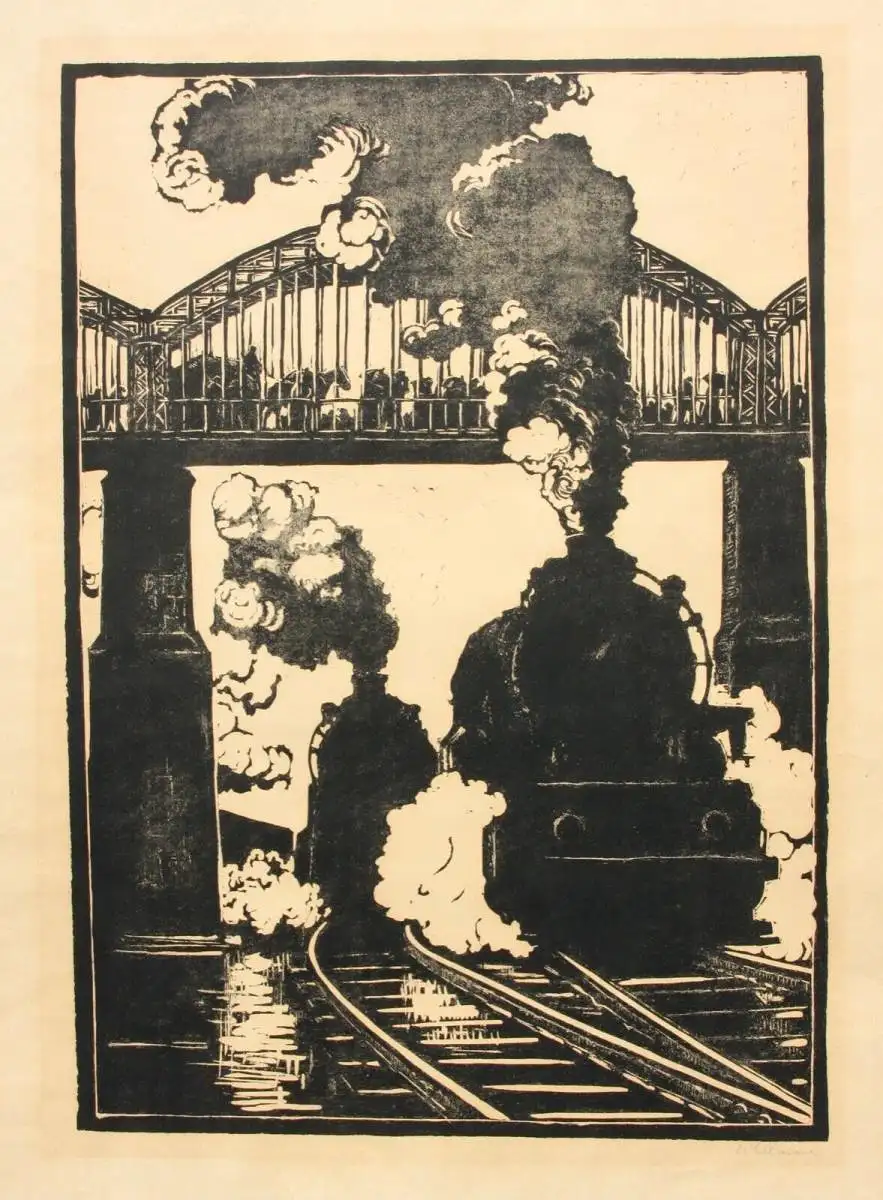 Walther Klemm (1883-1957) signierter Holzschnitt, Eisenbahnen unter einer Brücke 0